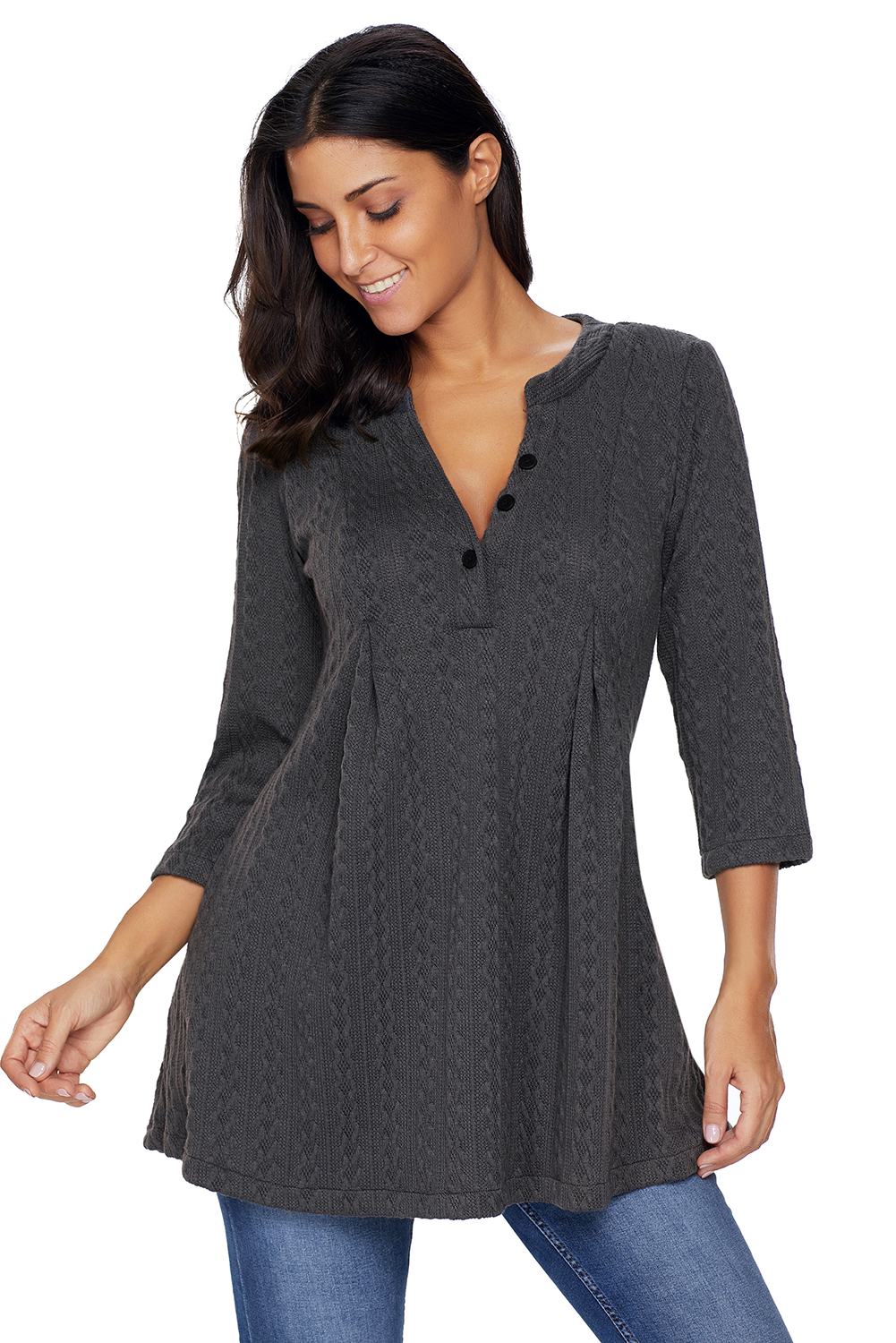 BY27750-1011 Charcoal Cable Knit Button Neck Swingy Tunic